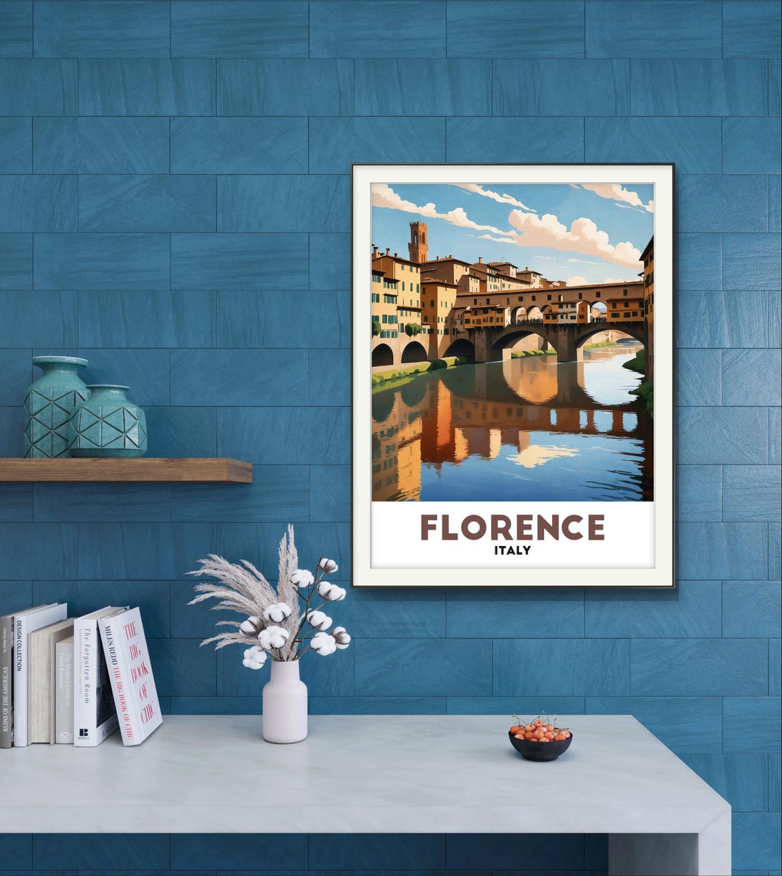 Florence Italy Ponte Vecchio Arno River Reflection Vintage Art Poster