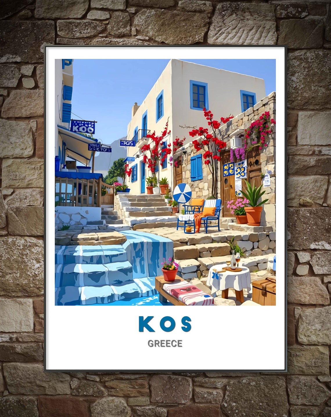 Kos Greece Whitewashed Alley Blue Shutters Sunny Travel Poster - Image 2