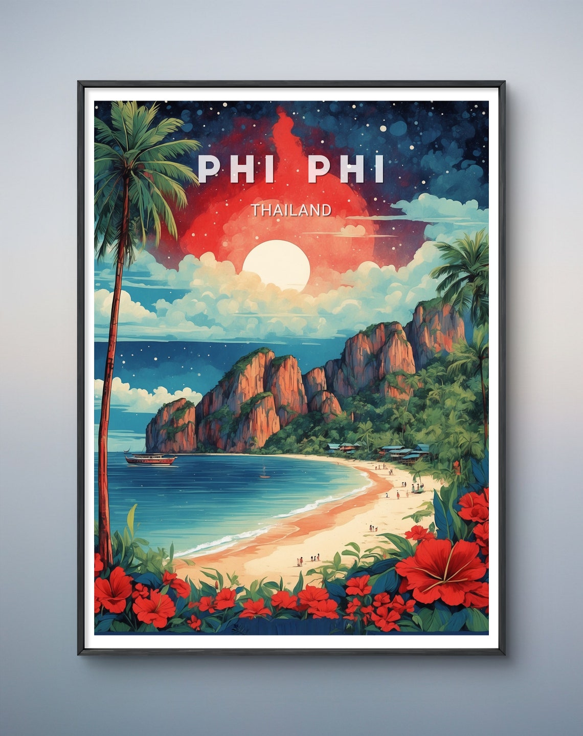 Phi Phi Thailand Tropical Beach Palm Trees Sunset Moon Poster