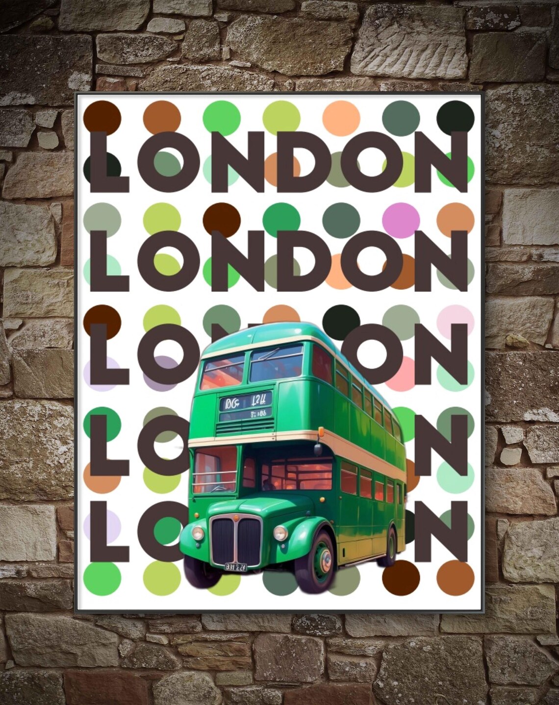 London Green Double Decker Bus Retro Typography Dots Art Poster