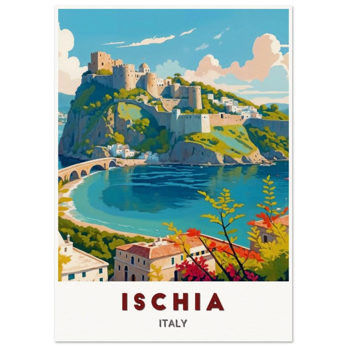 Ischia Italy Aragonese Castle Island Turquoise Bay Art Poster