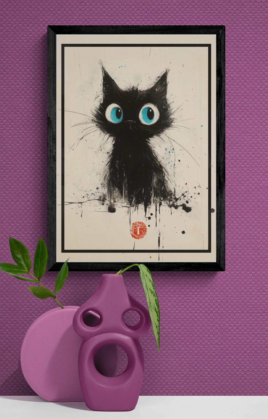 Wide Eyed Black Kitten Ink Splatter Minimalist Cat Art Poster - Image 3