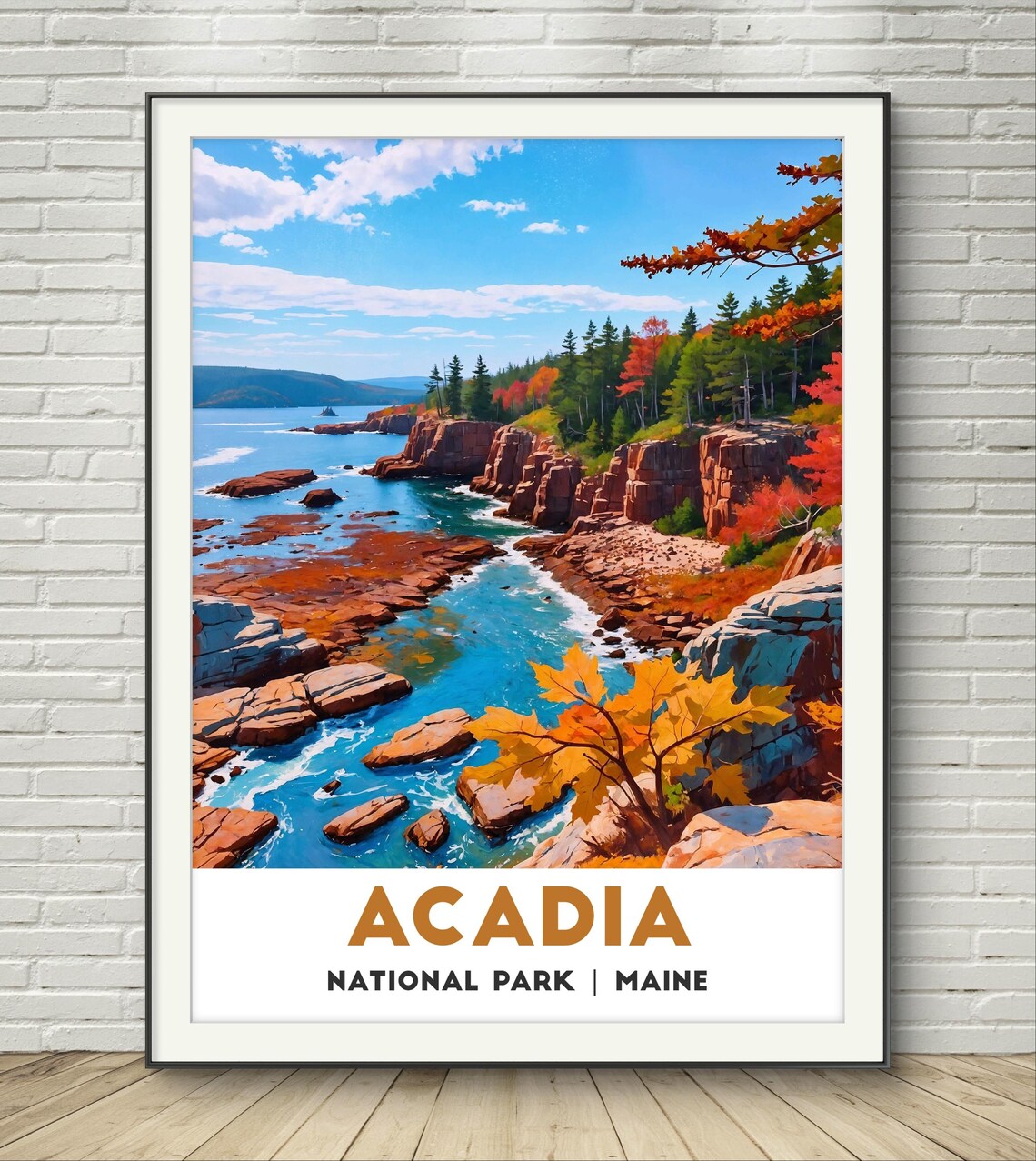 Acadia Maine Autumn Rocky Coastline Photo Travel Foliage Poster - Image 2