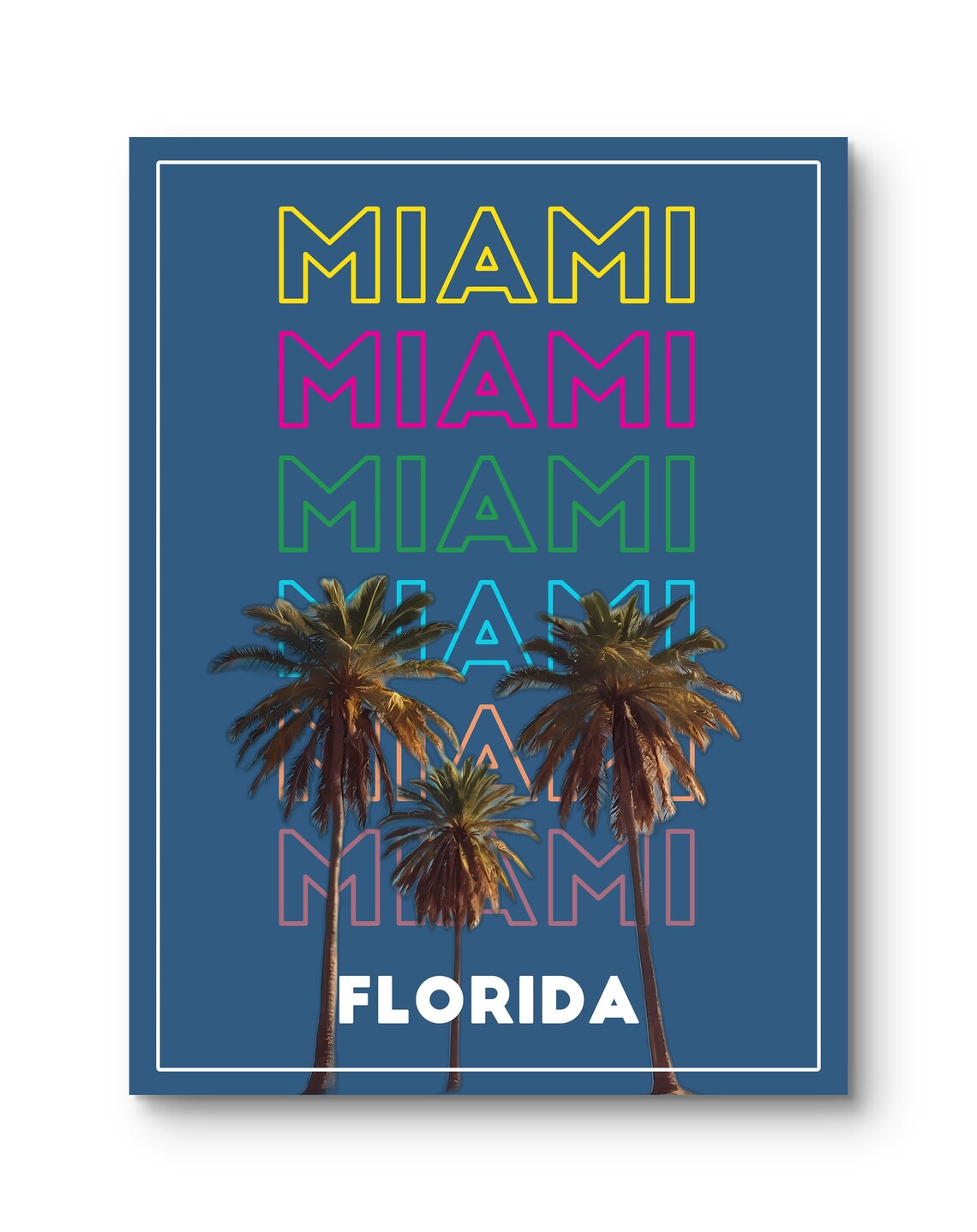Miami Florida Neon Typography Palm Trees Retro Beach Travel Poster