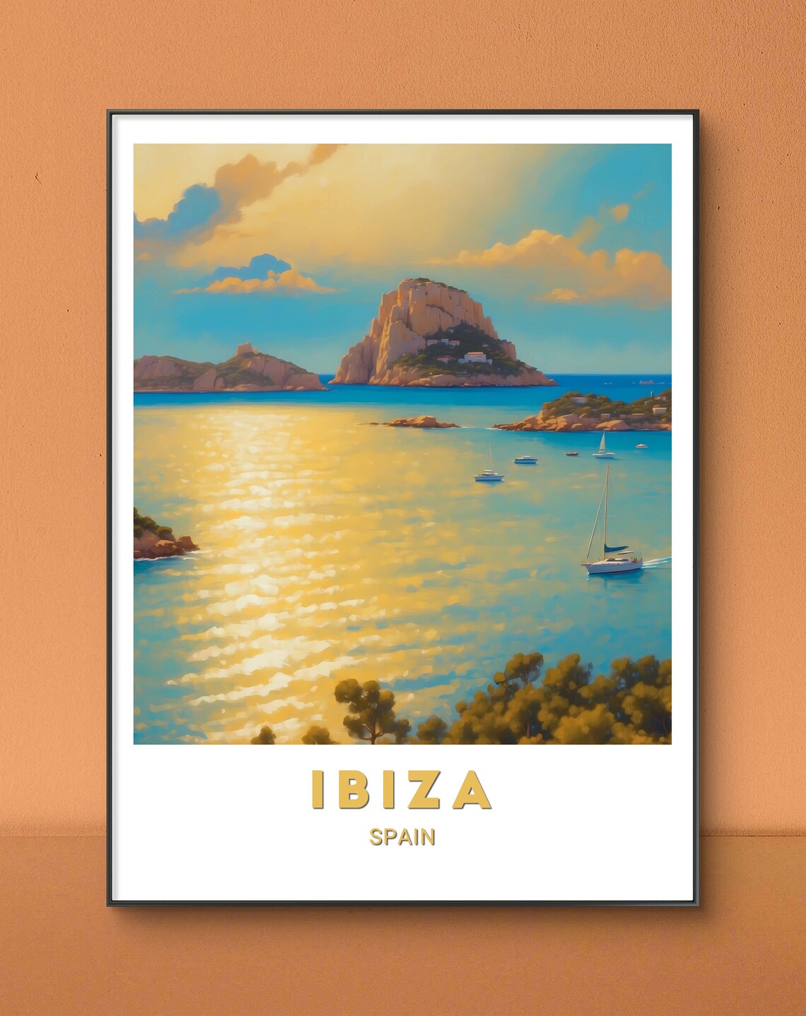 Ibiza Spain Sunset Seascape Golden Water Sailing Art Travel Poster