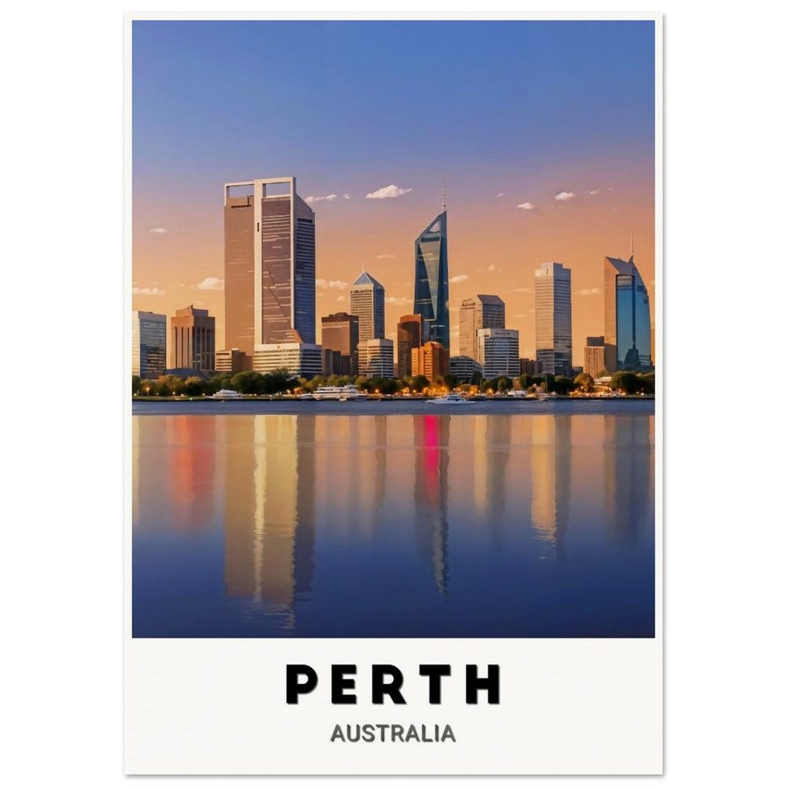 Perth Australia Sunset Skyline Water Reflection City Art Poster