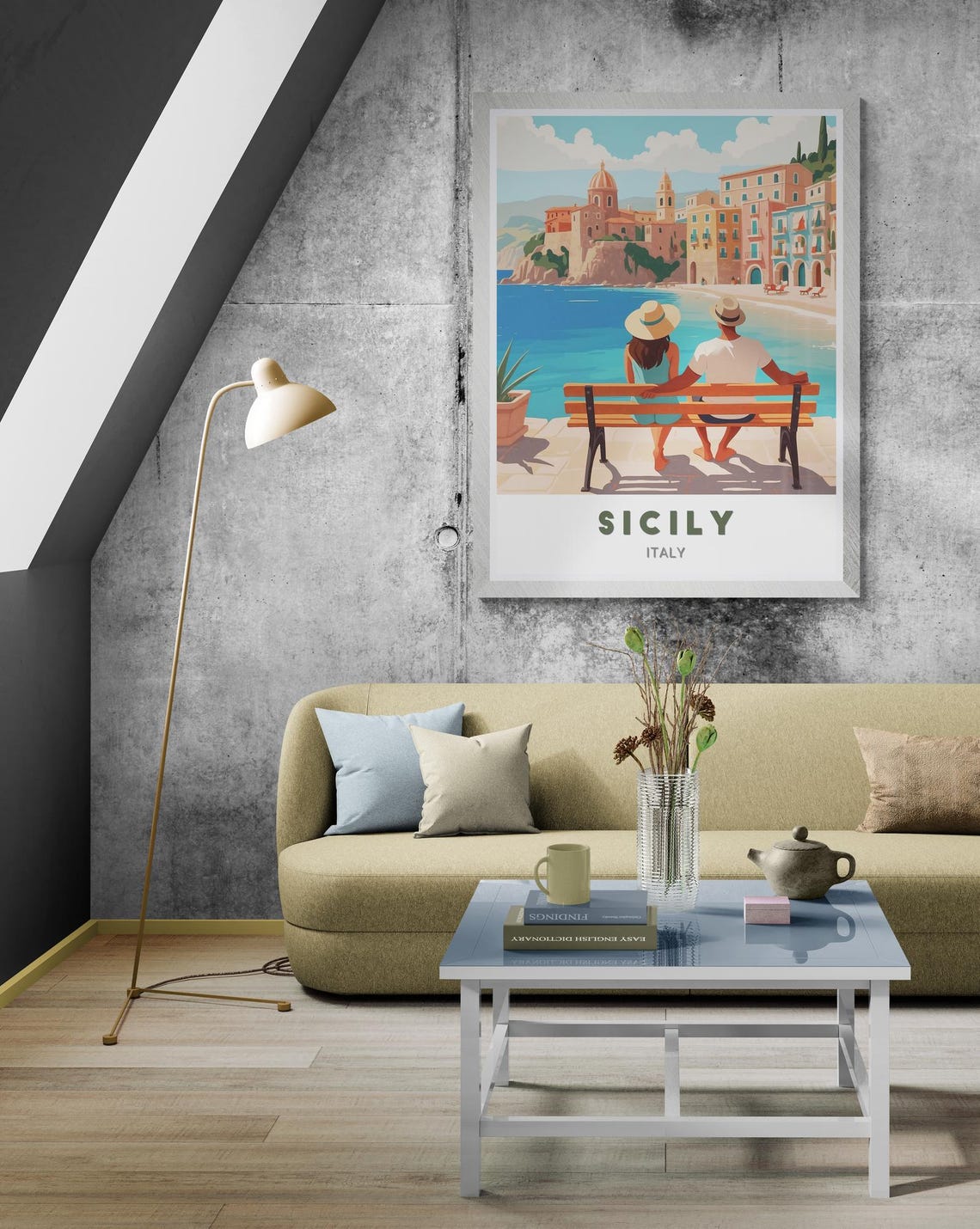 Sicily Italy Couple Bench Overlooking Coastal Town Bay Poster - Image 2