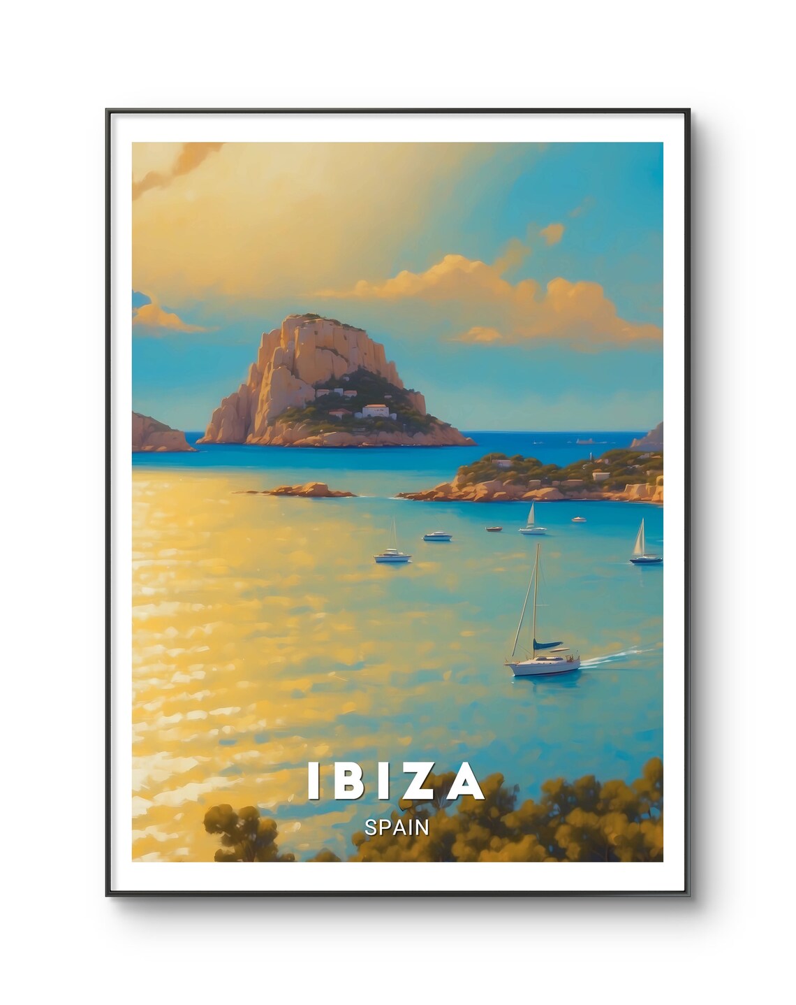 Ibiza Spain Golden Sunset Sailboats Painterly Seascape Travel Poster