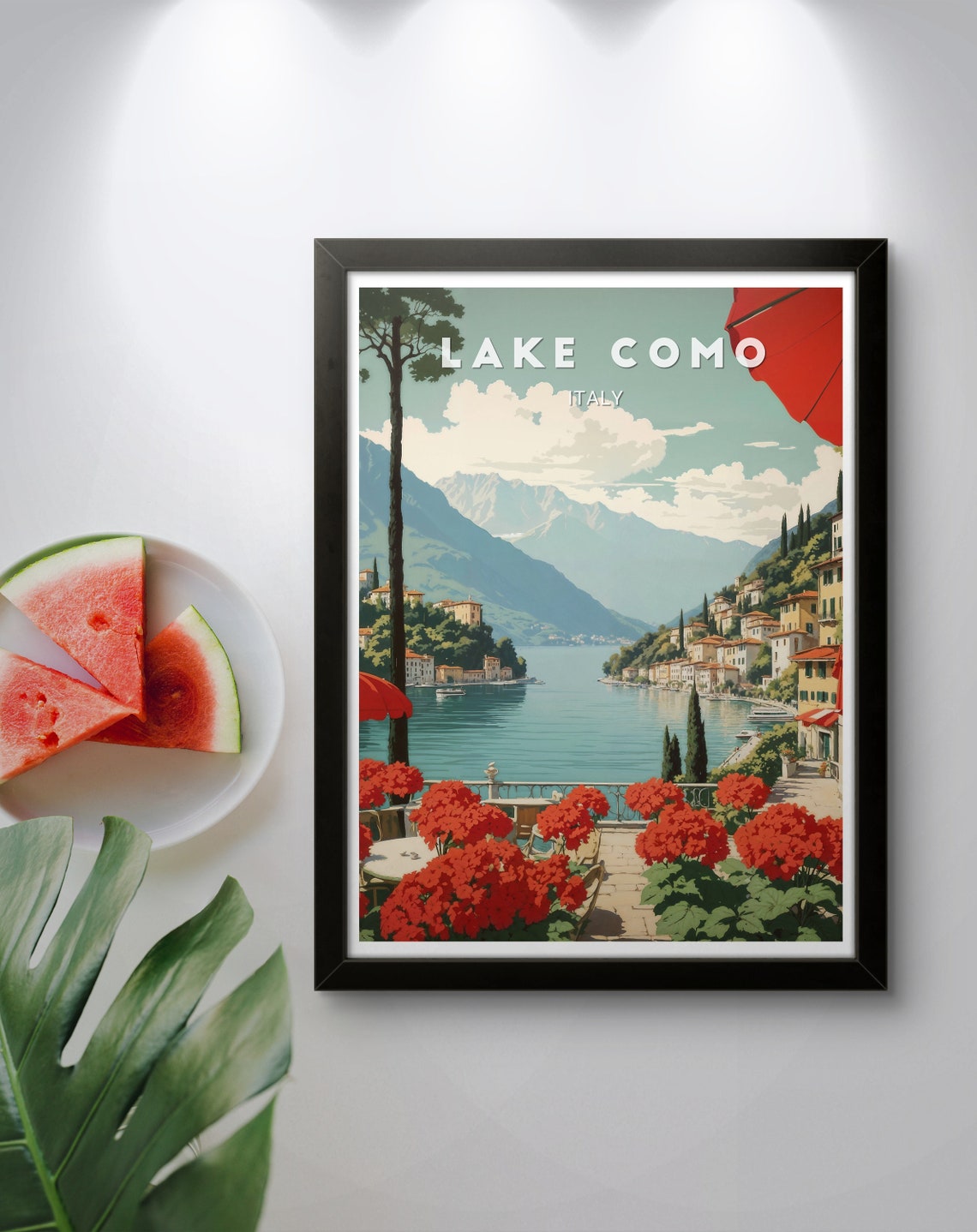 Lake Como Italy Lakeside Terrace Mountain Village View Poster - Image 2