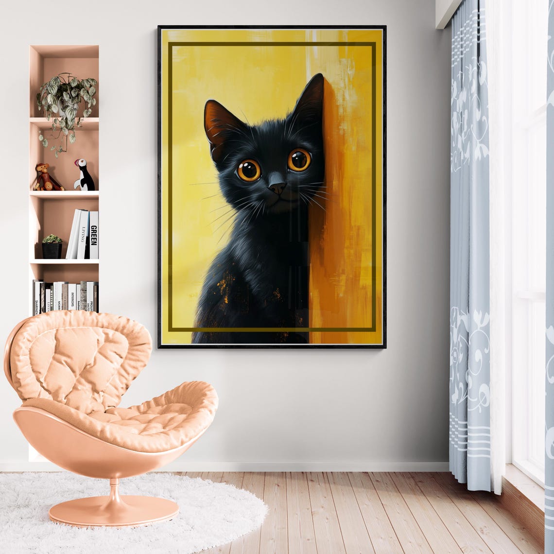 Black Cat Peeking Against Golden Yellow Painted Backdrop Poster - Image 3