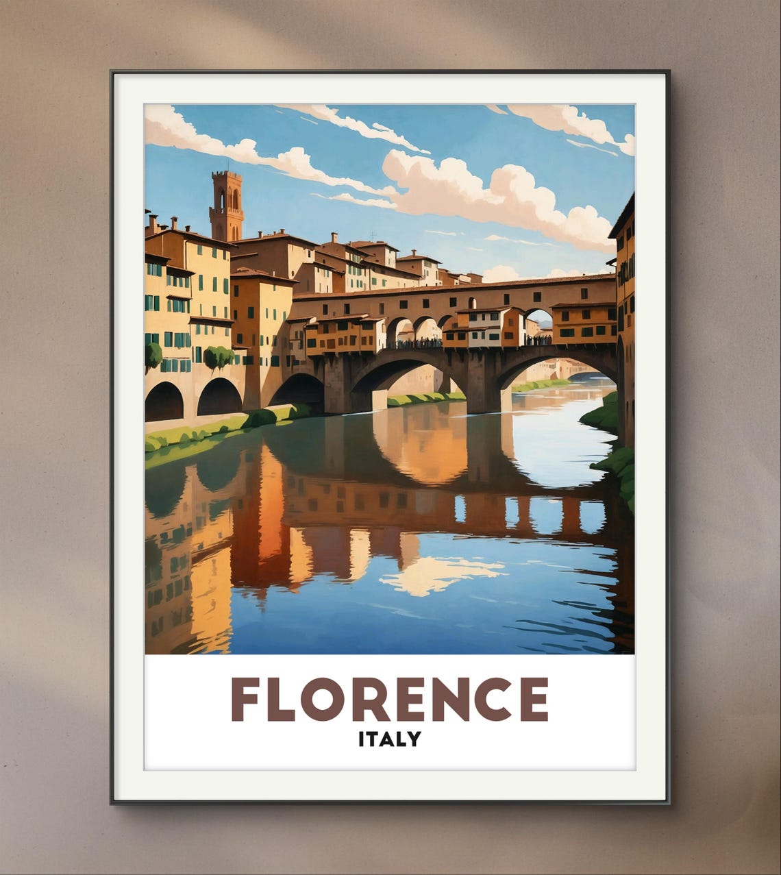 Florence Italy Ponte Vecchio Arno River Reflection Vintage Art Poster - Image 2