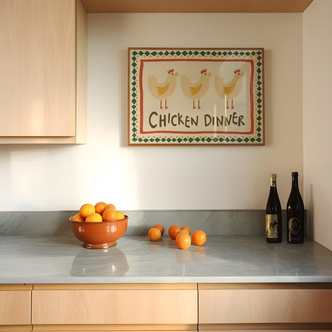 Chicken Dinner Three Hens Folk Art Decorative Kitchen Poster - Image 2
