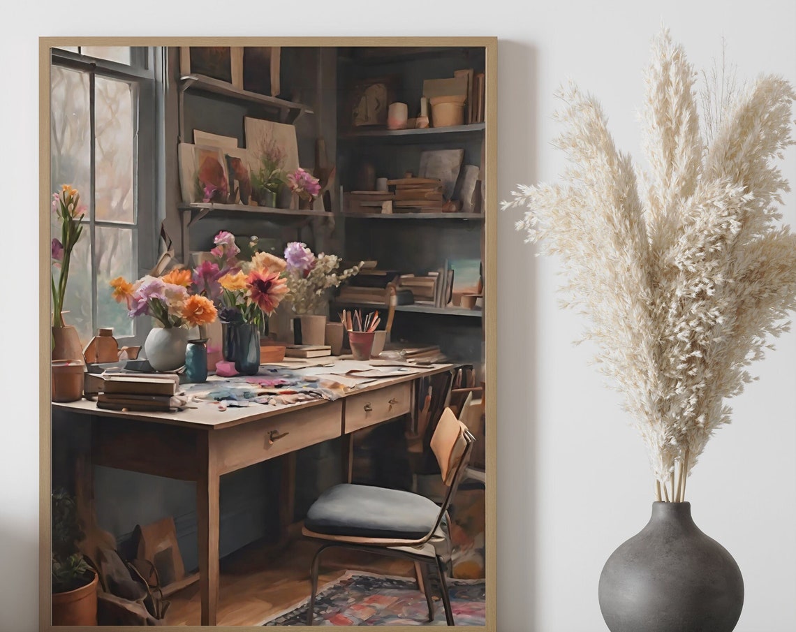 Cozy Artist Studio Desk with Flowers Vintage Interior Painting Print - Image 6