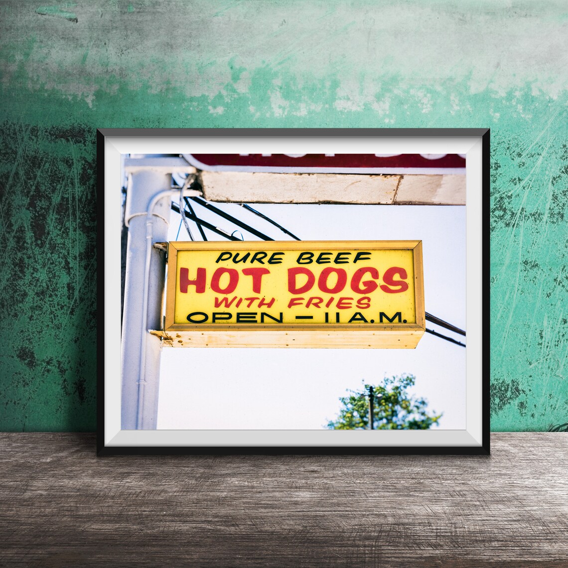 Pure Beef Hot Dogs With Fries Retro Yellow Hanging Sign Poster