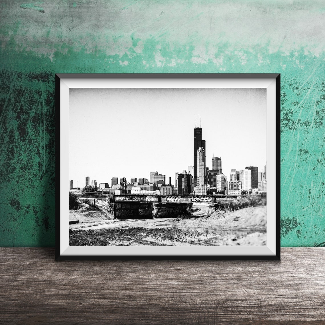 Chicago Skyline With Graffiti Railroad Bridge Urban View Poster - Image 2