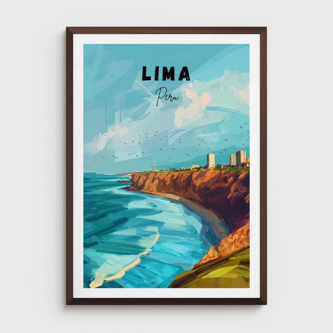 Lima Peru Retro Travel Poster, Miraflores Cliffs
