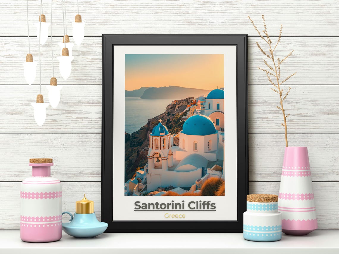 Santorini Cliffs Travel Poster Greece Wall Art Print