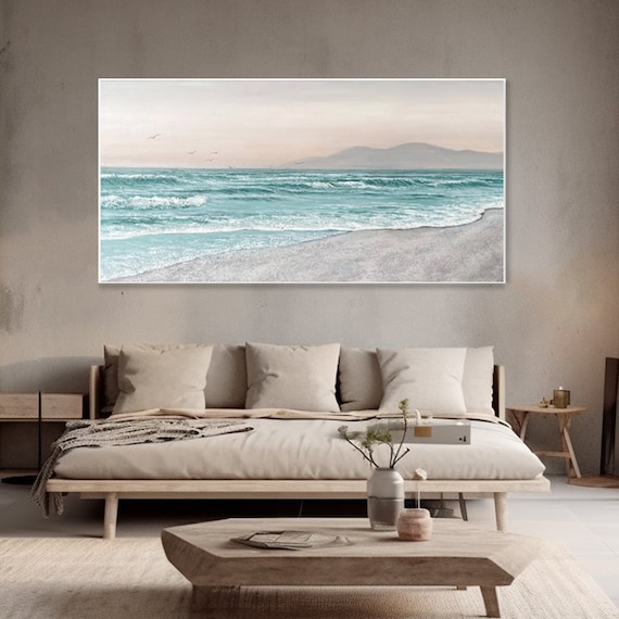 Tranquil Beach Waves Oil Painting Mountain Shore Soft Turquoise Poster