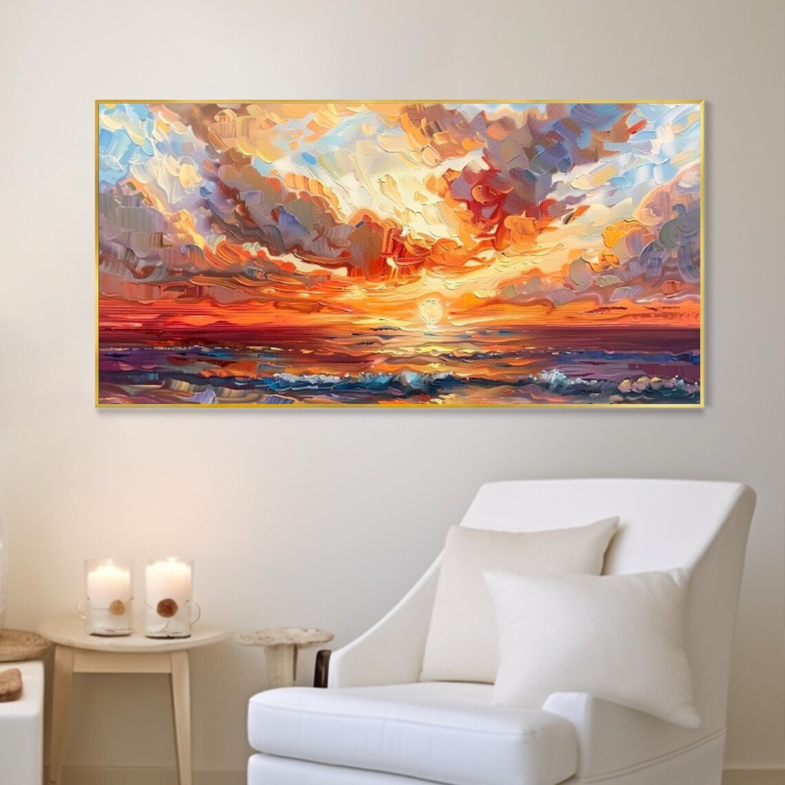 Ocean Sunset Seascape Oil Painting Fiery Clouds Golden Waves Poster