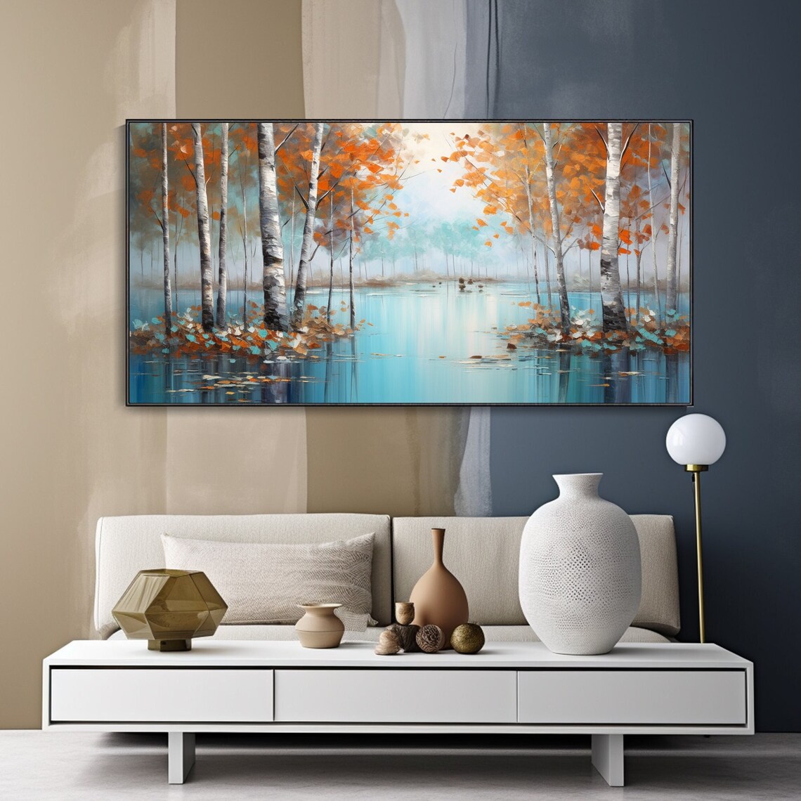 Autumn Birch Trees Lake Oil Painting Teal Water Reflection Poster