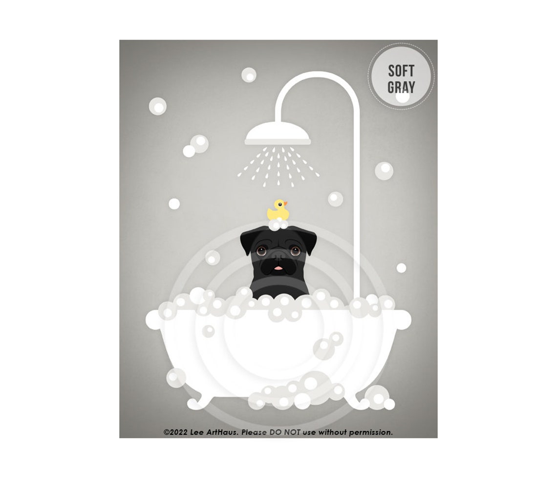 Black Pug In Shower Bathtub With Rubber Duck Cute Dog Bath Art Poster - Image 3