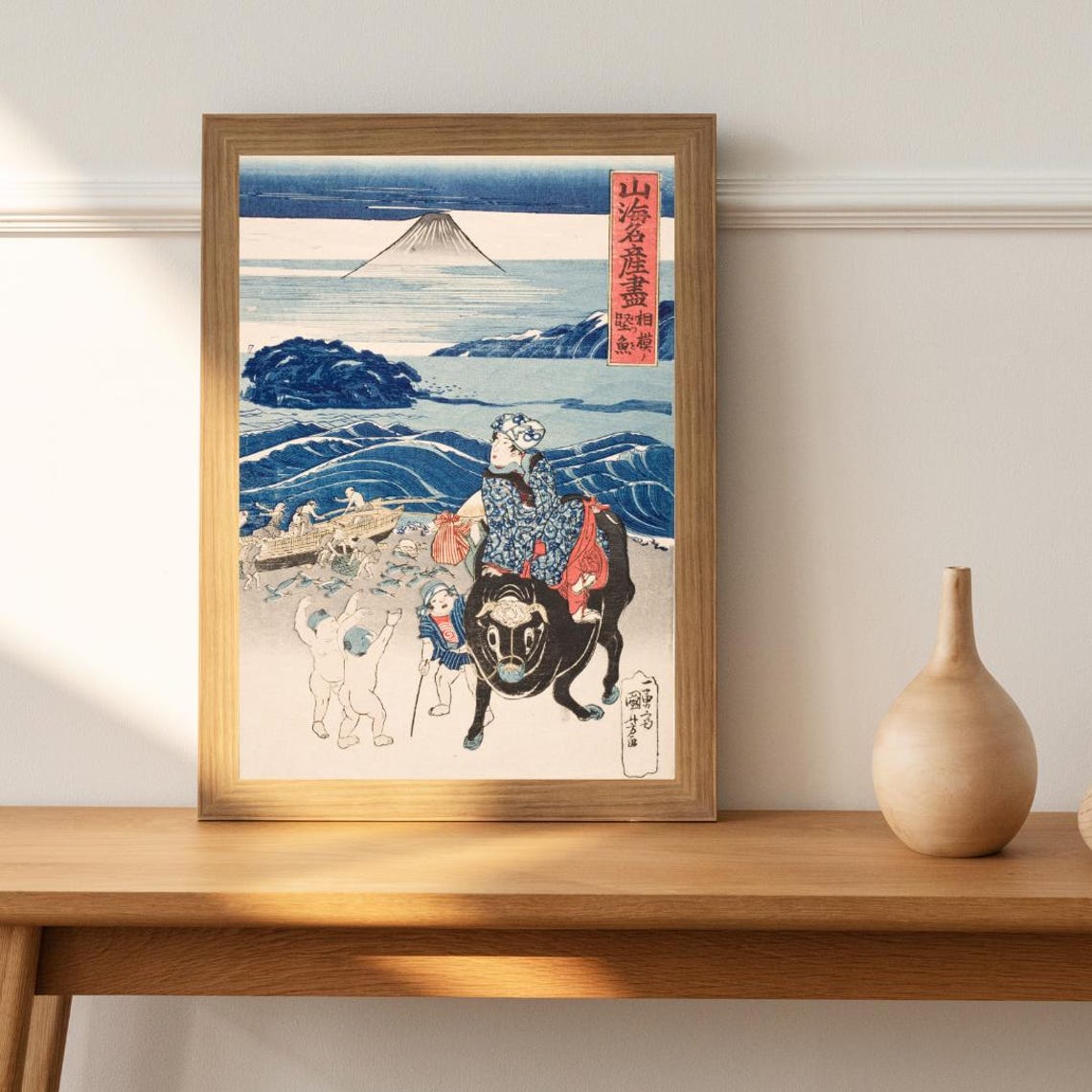 Mount Fuji Beach Scene With Woman Riding an Ox Ukiyo-e Poster - Image 3