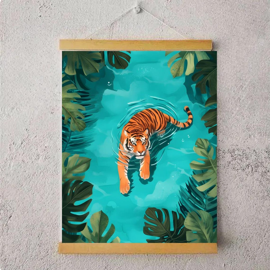 Swimming Tiger Turquoise Water Tropical Jungle Aerial View Poster - Image 3