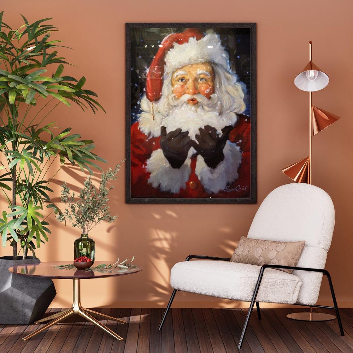 Santa Blowing Snow Playful Vintage Christmas Painting Portrait Poster - Image 2