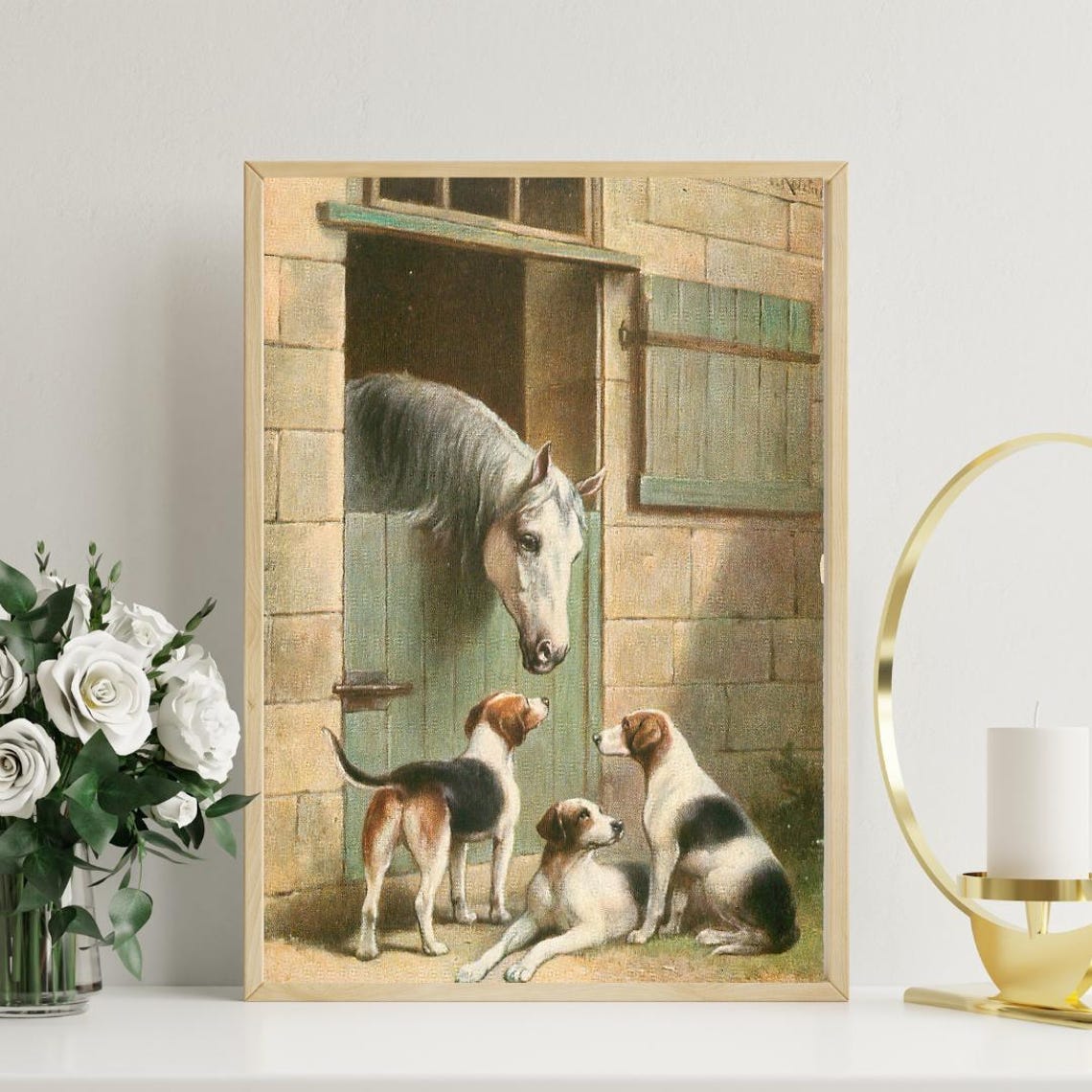 Vintage Horse Greeting Three Hound Dogs at the Stable Door Poster