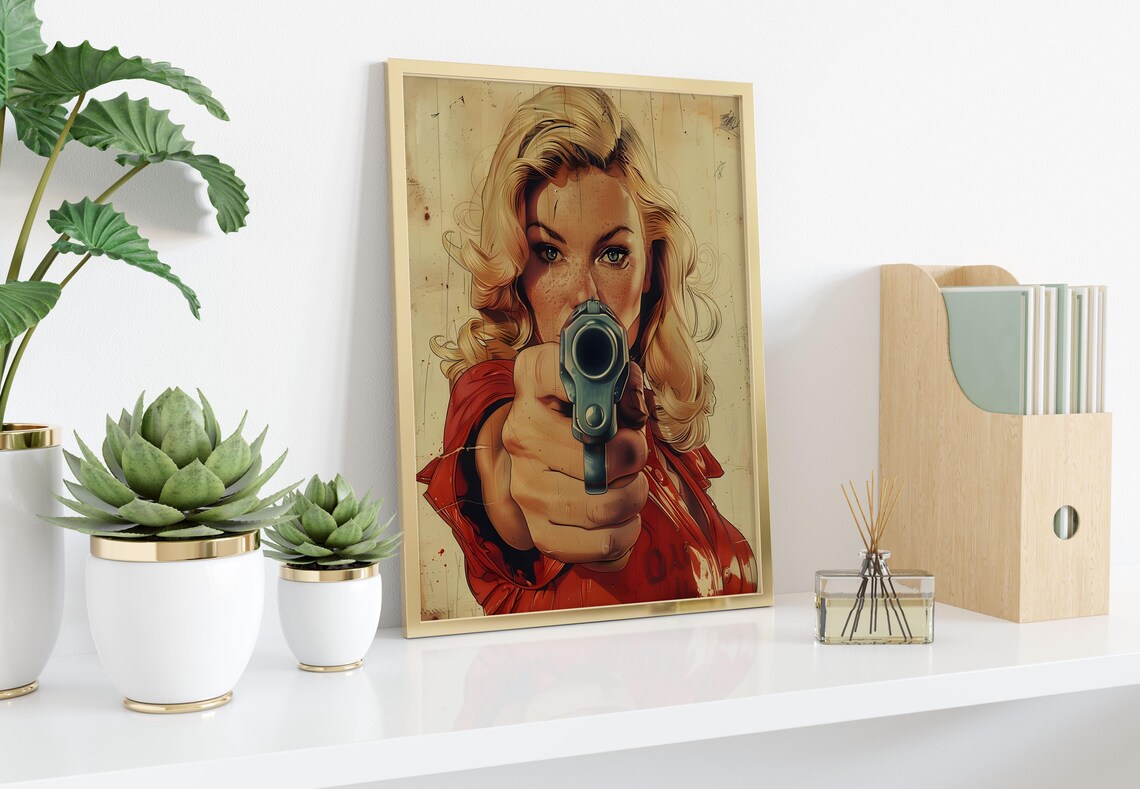 Blonde Woman Aiming Pistol Vintage Pulp Comic Pop Art Poster - Image 2