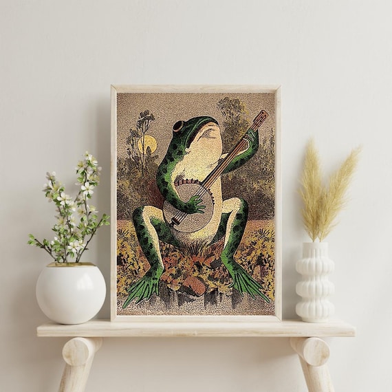 Vintage Frog Playing Banjo Under the Moonlight Illustration Poster