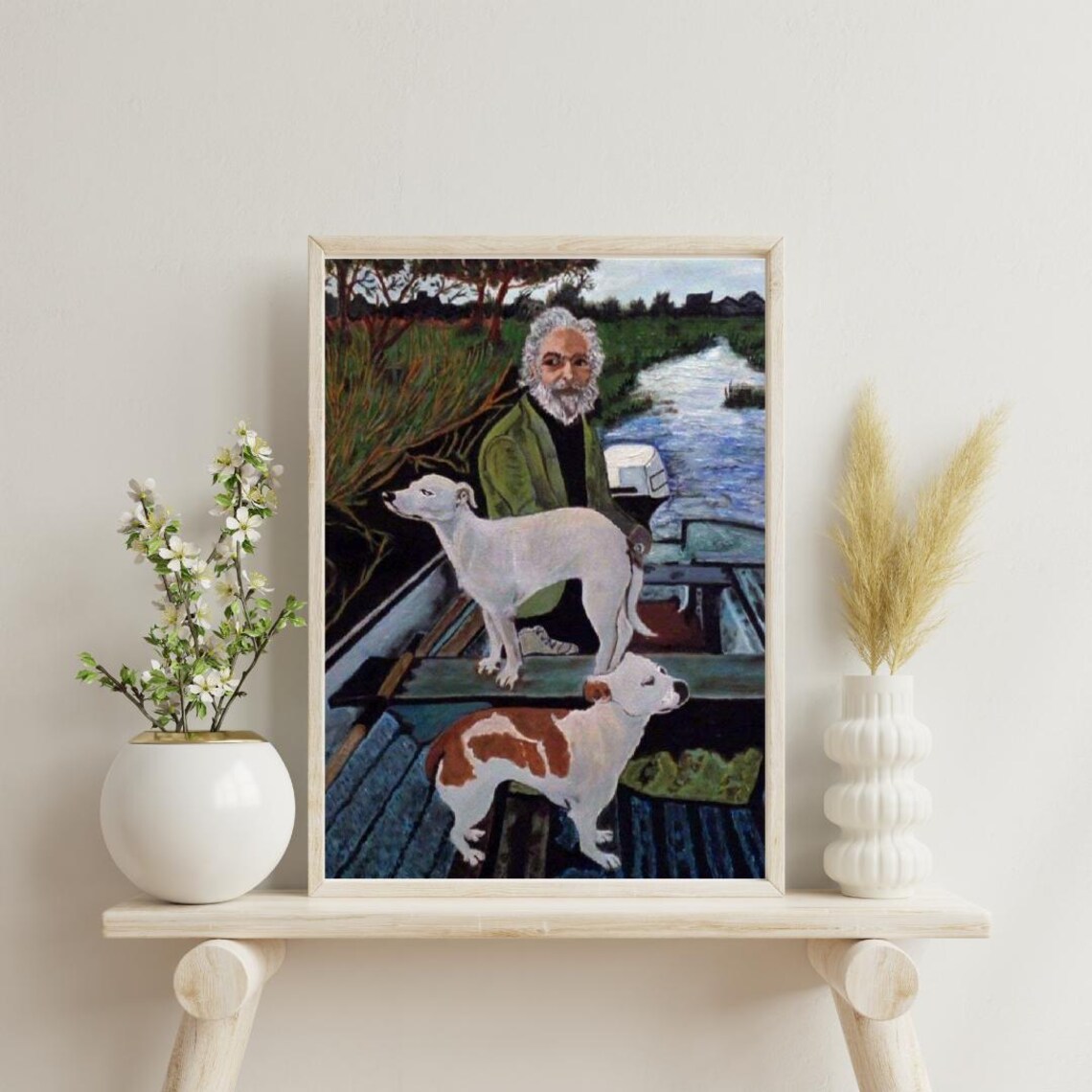 Bearded Old Man With Two Dogs in a Small Boat River Painting Poster - Image 5