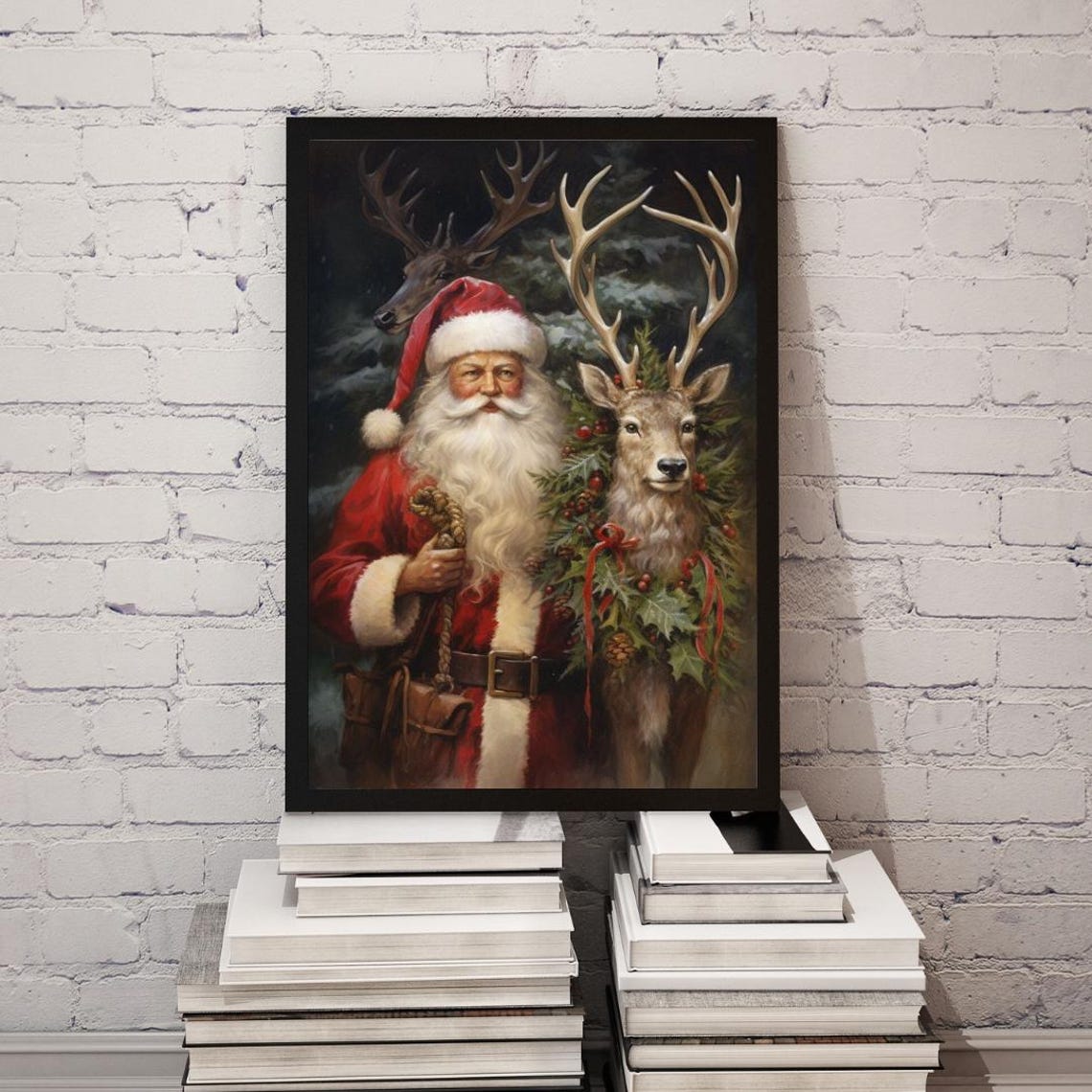 Santa Claus Standing With Two Reindeer in a Snowy Forest Art Poster - Image 2