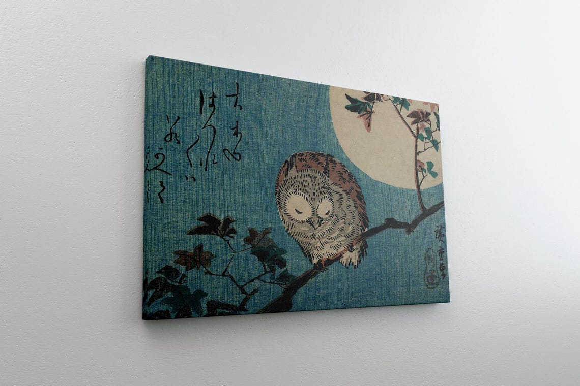 Horned Owl On Maple Branch Under Full Moon Japanese Woodblock Poster - Image 4