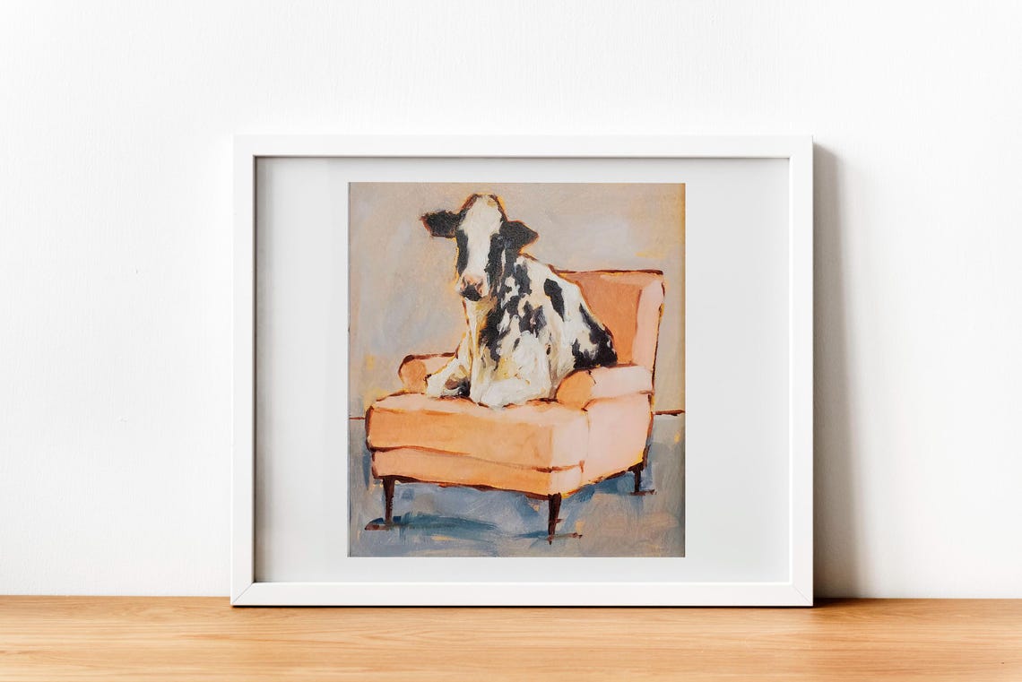 Funny Cow Sitting Like Royalty on a Pink Armchair Painting Poster