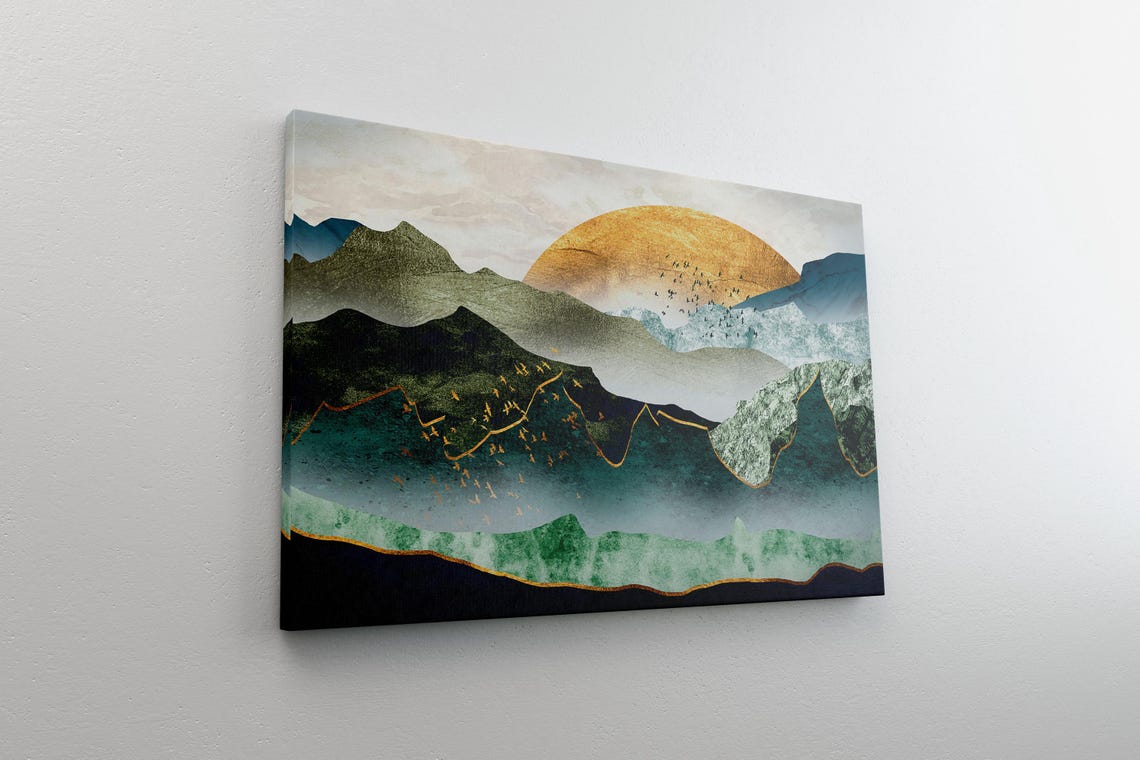 Abstract Teal Mountain Landscape with Gold Sun Modern Poster - Image 3