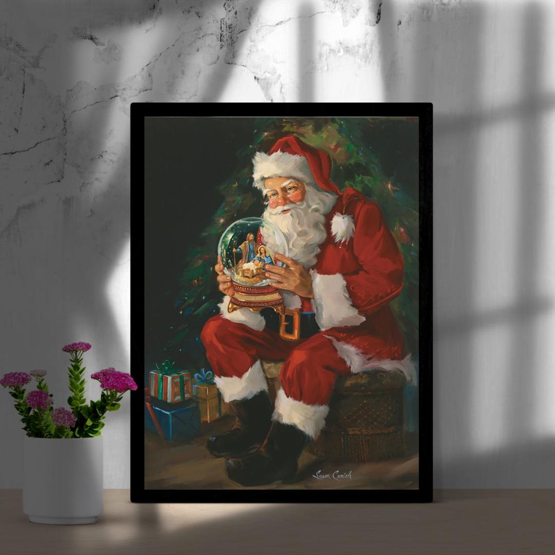 Vintage Santa Claus Holding a Snow Globe Christmas Art Poster - Image 2