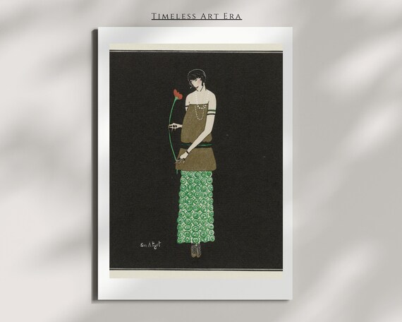 Art Deco Woman With Red Flower Timeless Art Era Black Background Print