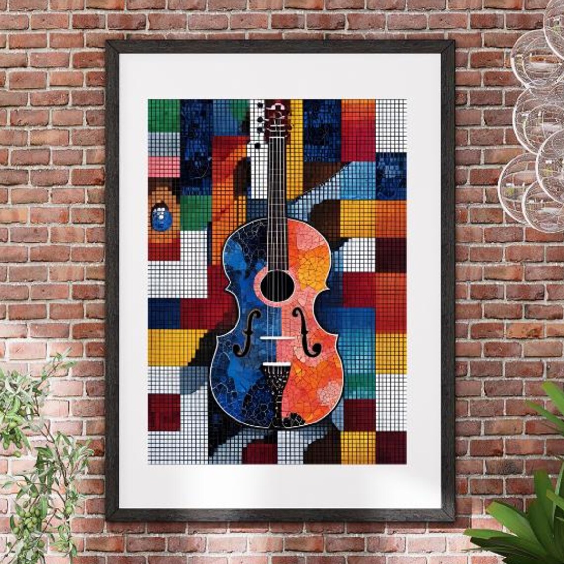 Colorful Mosaic Acoustic Guitar with Music Notes Modern Art Poster