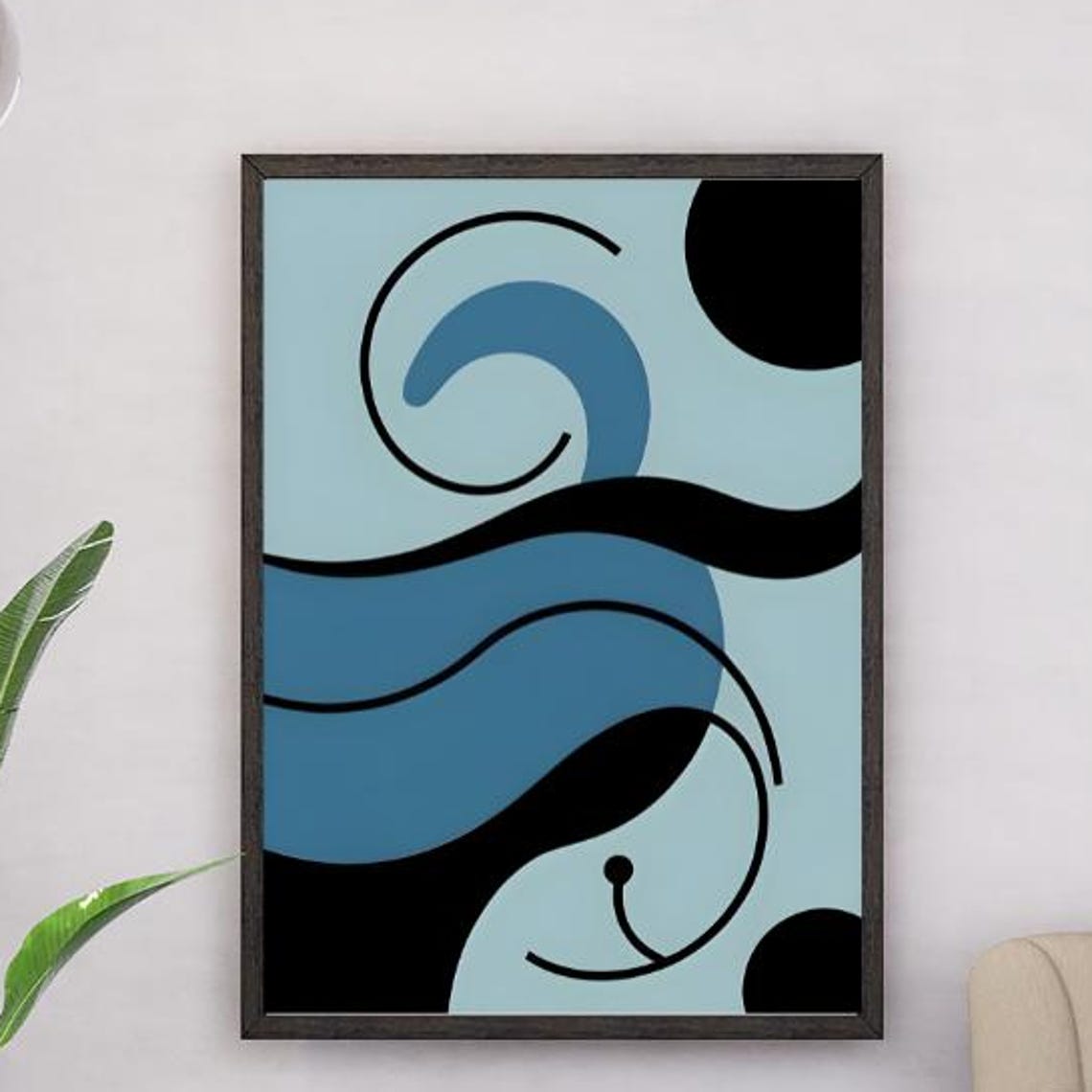 Mid Century Abstract Black Teal Blue Wave Bands Spiral Modern Poster