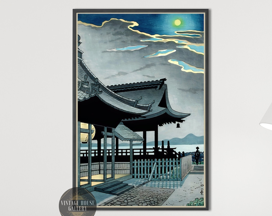 Moonlit Temple Veranda Overlooking The Sea Japanese Woodblock Poster