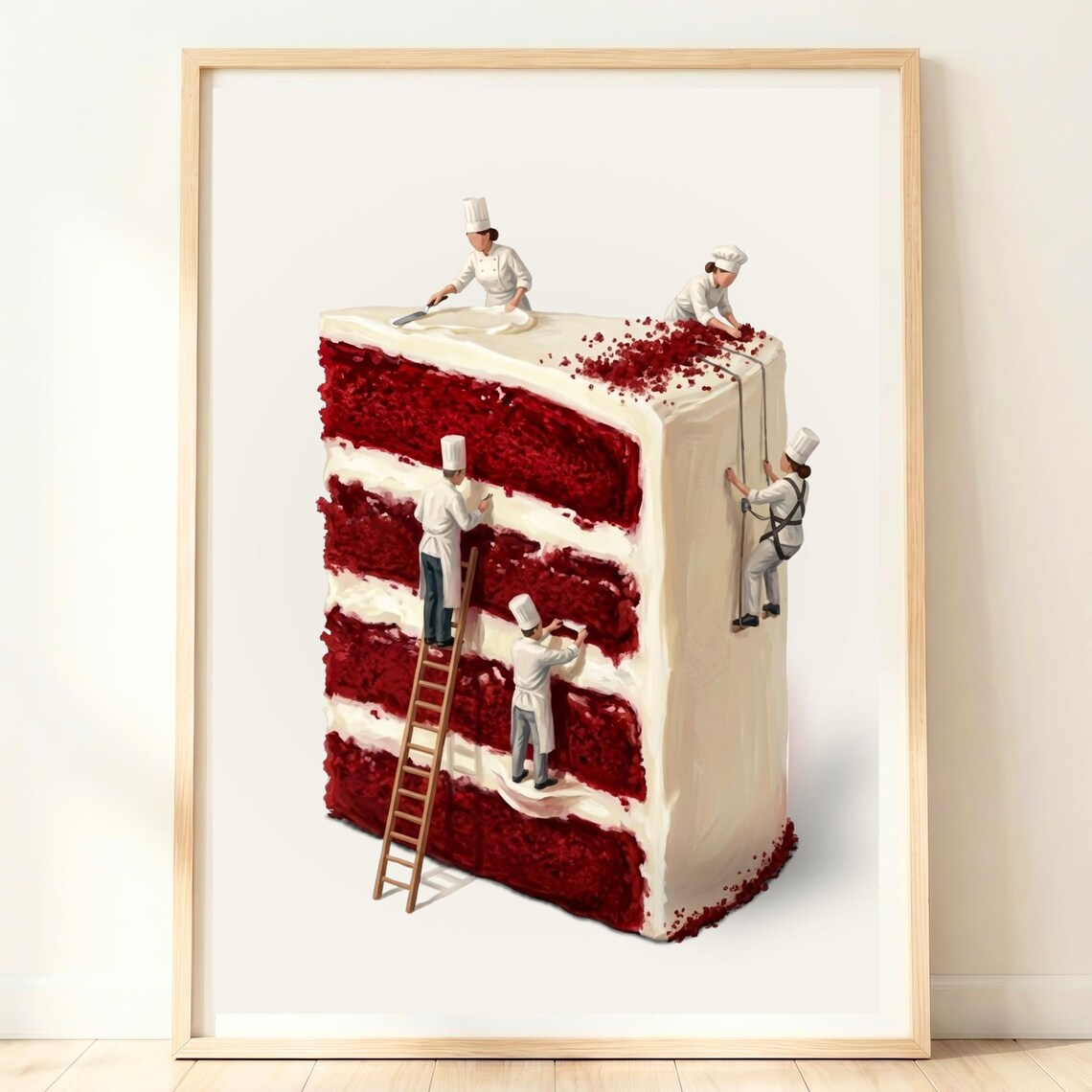 Giant Red Velvet Cake Slice Decorated by Tiny Bakers Whimsical Dessert Poster