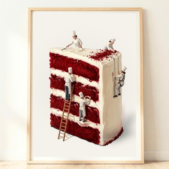 Giant Red Velvet Cake Slice Decorated by Tiny Bakers Whimsical Dessert Poster