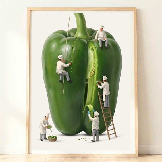 Giant Green Bell Pepper With Tiny Chefs Fresh Produce Wall Print