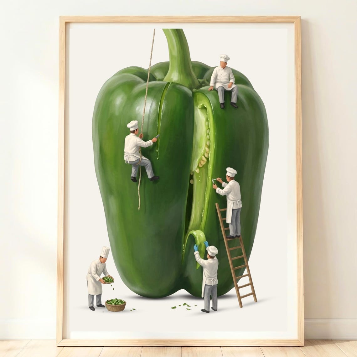 Giant Green Bell Pepper With Tiny Chefs Fresh Produce Wall Print