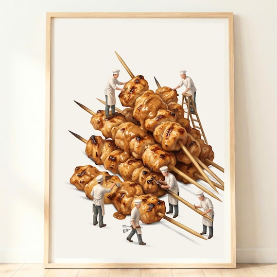 Chicken Satay Wall Art Thai Street Food Print Skewer Poster Asian Grill Decor Foodie Dining Artwork