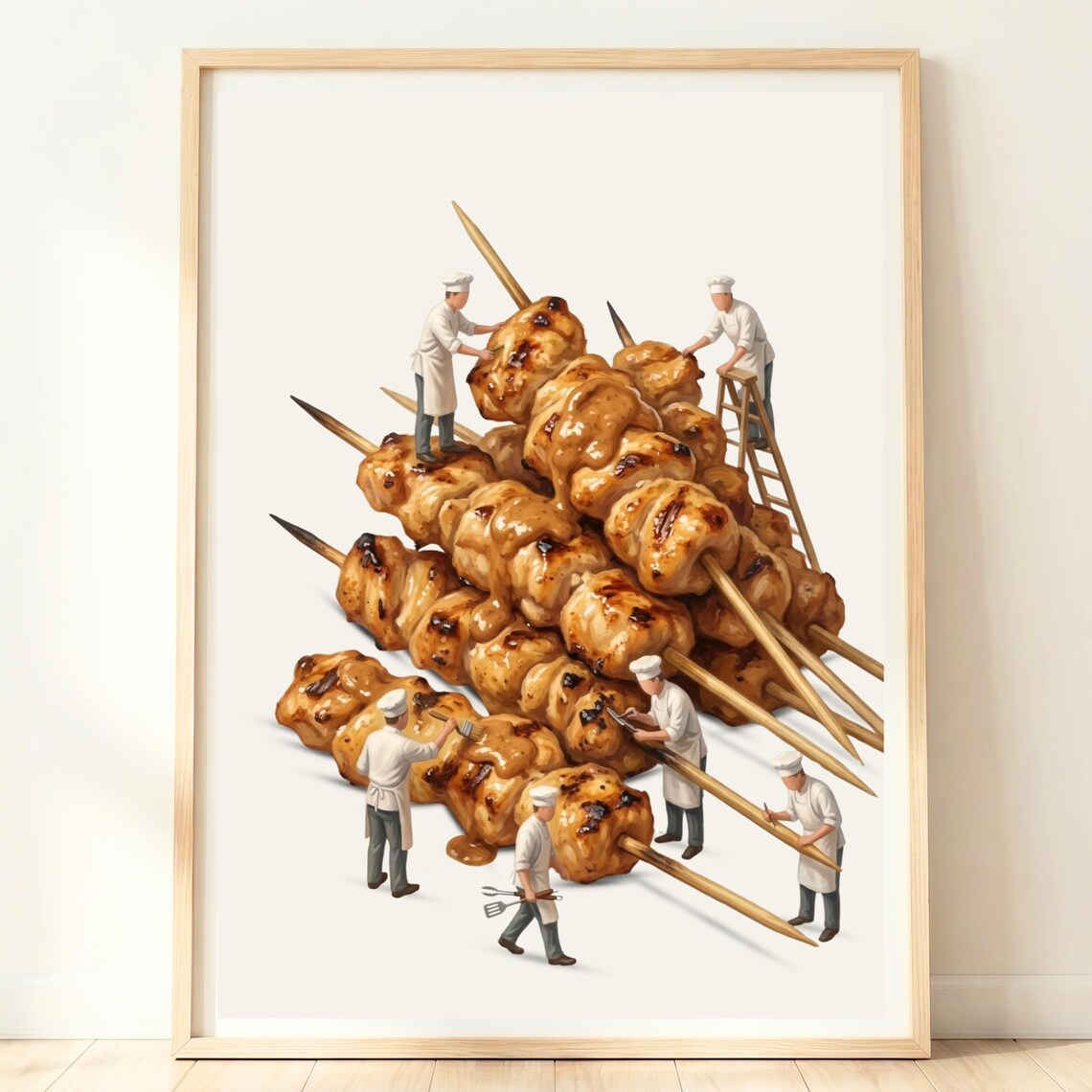 Tiny Chefs Grilling Giant Chicken Satay Skewers Whimsical Kitchen Poster