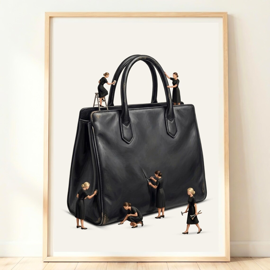 Giant Black Handbag Tiny Women Polishing Whimsical Fashion Poster