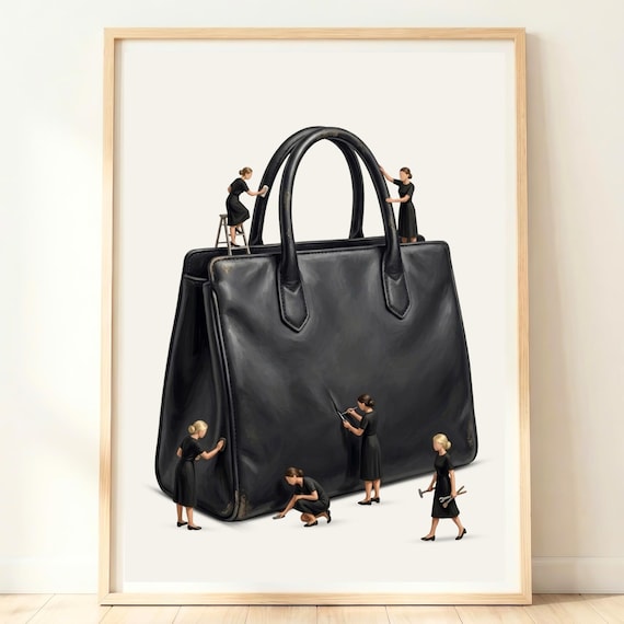 Giant Black Handbag Tiny Women Polishing Whimsical Fashion Poster