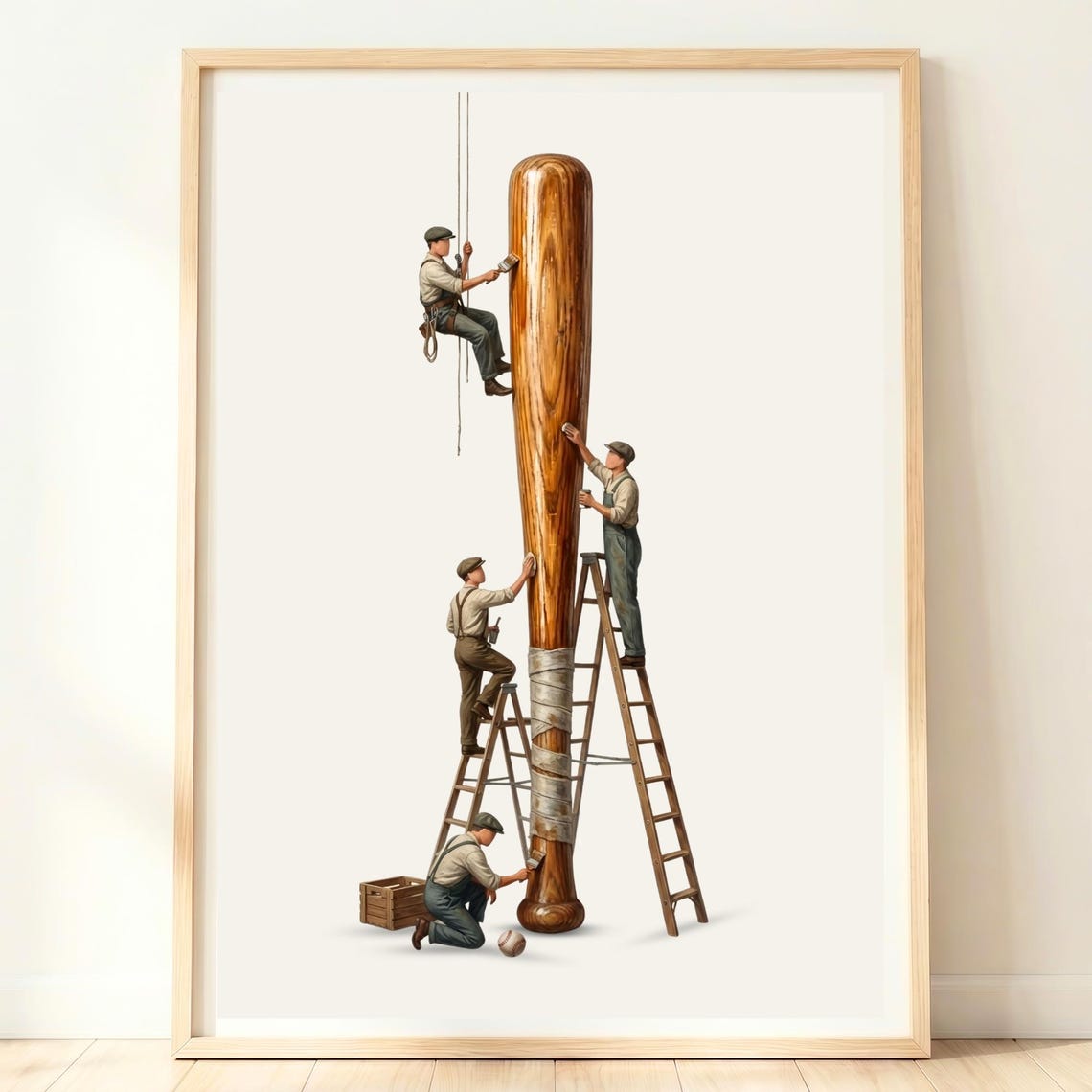 Giant Baseball Bat Tiny Workers Polish Whimsical Vintage Sports Poster